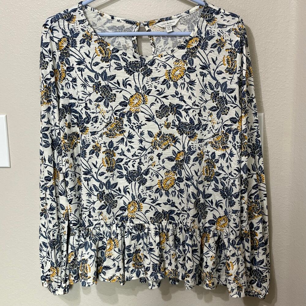 Lucky Brand Women’s Sz Large‎ Ruffle Blouse Blue/Yellow Cotton/Modal Soft Prarie